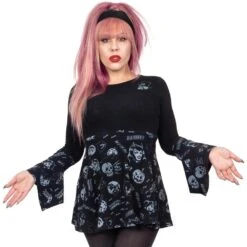 Spookshow Bell Sleeve Babydoll Top Blk/Grey