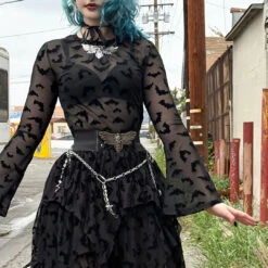 Bat Repeat Mesh Bell Sleeve Top -Kreepsville Shop GMTBRBS 4