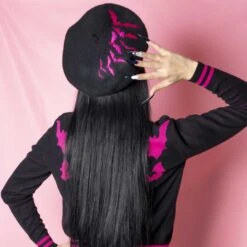 Bat Repeat Pink Beret Hat -Kreepsville Shop HBBBRPK 6