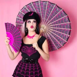 Spiderweb Pink And Black Fabric Parasol -Kreepsville Shop HWPSWP 4