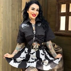 Bat Stripe White Skater Skirt -Kreepsville Shop SKBSW 4